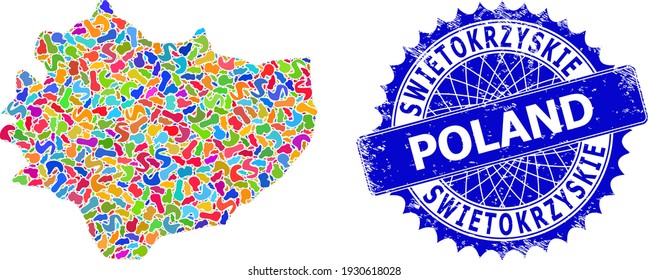 Swietokrzyskie Voivodeship map vector image. Blot collage and scratched seal for Swietokrzyskie Voivodeship map. Sharp rosette blue seal with text for Swietokrzyskie Voivodeship map.