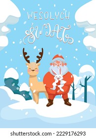 Swiety Mikolaj Polish Santa Claus with a rabbit and Reindeer wish happy holidays. Colorful illustration with joyful characters and winterly landscape great for seasonal posters and greetings. 