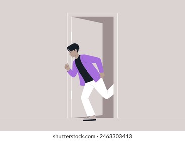 Swift Arrival at the Threshold of Opportunity, A character dashes towards an open doorway with purpose and urgency