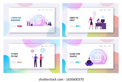 Swift Banking Money Transfer System Website Landing Page Set. International Payment, Society Worldwide Interbank Financial Telecommunication Service Web Page Banner. Cartoon Flat Vector Illustration