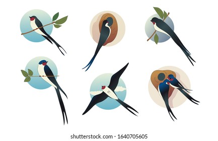 Swift Barn Swallow with Spread Wings in Flying Pose and Sitting on Tree Branch Vector Set