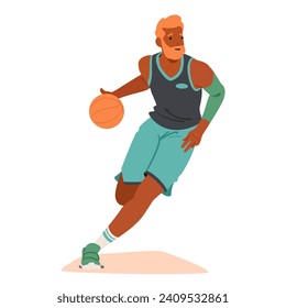 Swift Basketball Player Male Character Dashes Down The Court, Dribbling Skillfully With Intense Focus. Ball Bounces Rhythmically As Determination Radiates From Every Stride, Echoing Pursuit Of Victory