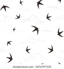 Swift birds flying in the sky. Seamless vector pattern