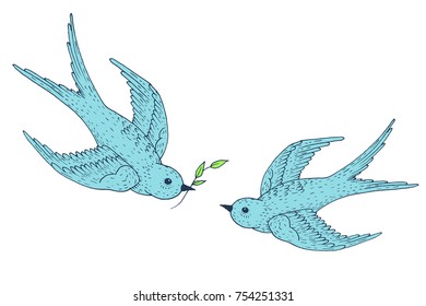 Swift birds vector hand drawn illustration. Sketch with couple of flying swallows with branch