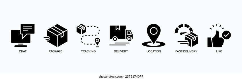 Swift Connections Icon Set Isolated Vector Illustration Concept With Icon Of Chat, Package, Tracking, Delivery, Location, Fast Delivery, Like In Glyph Style