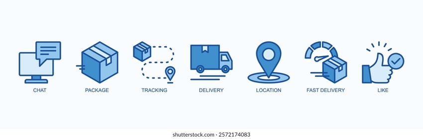 Swift Connections Icon Set Isolated Vector Illustration Concept With Icon Of Chat, Package, Tracking, Delivery, Location, Fast Delivery, Like In Blue Style