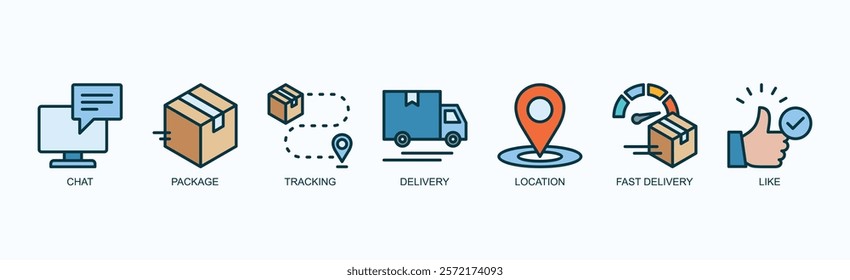 Swift Connections Icon Set Isolated Vector Illustration Concept With Icon Of Chat, Package, Tracking, Delivery, Location, Fast Delivery, Like In Outline Color Style