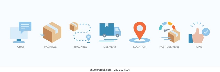 Swift Connections Icon Set Isolated Vector Illustration Concept With Icon Of Chat, Package, Tracking, Delivery, Location, Fast Delivery, Like In Flat Style