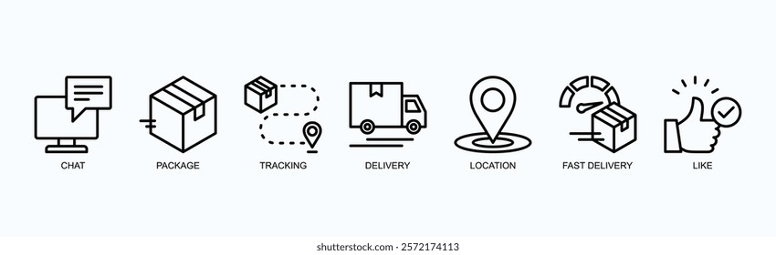 Swift Connections Icon Set Isolated Vector Illustration Concept With Icon Of Chat, Package, Tracking, Delivery, Location, Fast Delivery, Like In Outline Style