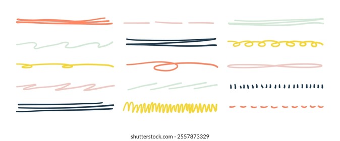 Swift crossed and wavy underlines. Lines by pen, pencil, marker. Pastel color curves. Vector strokes isolated on white background.