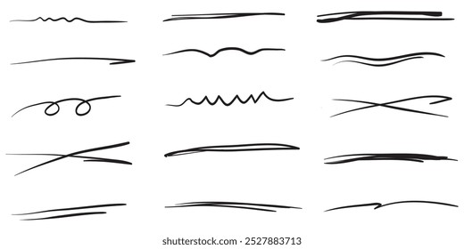 Swift crossed and wavy underlines. Underline markers collection. Vector illustration of scribble lines isolated on white background.