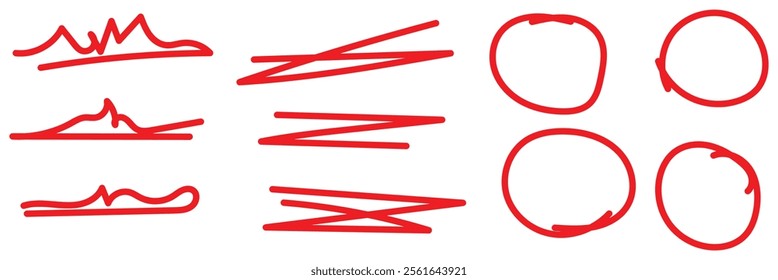 Swift crossed and wavy underlines. Underline markers collection. Vector illustration of scribble lines isolated on white background. Realistic Rough Black, Red and yellow Marker Brush Ink. Eps 10