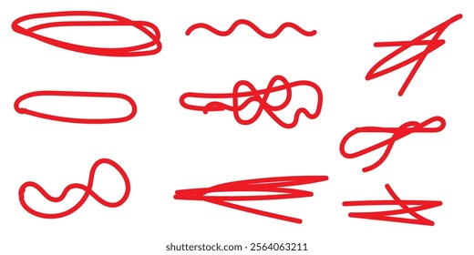 Swift crossed and wavy underlines. Underline markers collection. Vector illustration of scribble lines isolated on white background.  Set of hand drawn red pencil lines and strokes. 