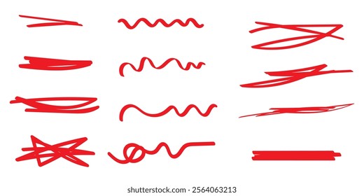 Swift crossed and wavy underlines. Underline markers collection. Vector illustration of scribble lines isolated on white background.  Set of hand drawn red pencil lines and strokes. 