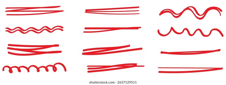 Swift crossed and wavy underlines. Underline markers collection. Vector illustration of scribble lines isolated on white background. Realistic Rough Black, Red and yellow Marker Brush Ink. Eps 10