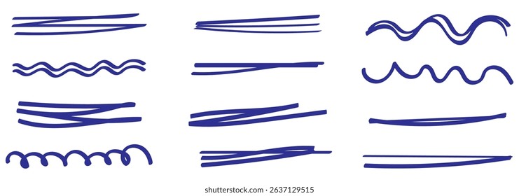Swift crossed and wavy underlines. Underline markers collection. Vector illustration of scribble lines isolated on white background. Realistic Rough Black, Red and yellow Marker Brush Ink. Eps 10