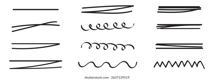 Swift crossed and wavy underlines. Underline markers collection. Vector illustration of scribble lines isolated on white background. Realistic Rough Black, Red and yellow Marker Brush Ink. Eps 10