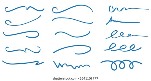 Swift crossed and wavy underlines. Underline markers collection.  Pen text underline, handwritten doodle elements, lettering emphasis. Vector illustration. eps 10