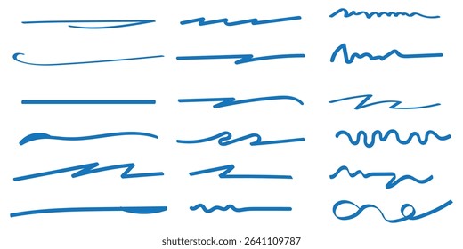 Swift crossed and wavy underlines. Underline markers collection.  Pen text underline, handwritten doodle elements, lettering emphasis. Vector illustration. eps 10