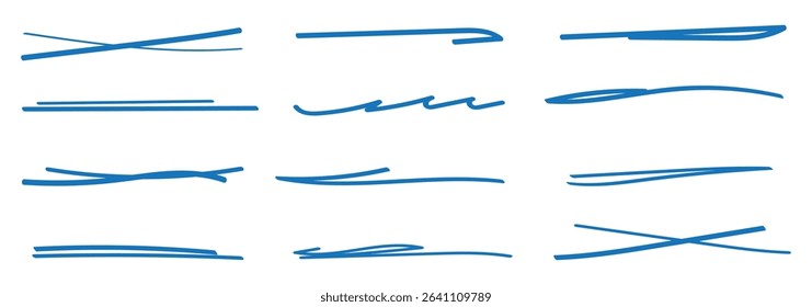 Swift crossed and wavy underlines. Underline markers collection.  Pen text underline, handwritten doodle elements, lettering emphasis. Vector illustration. eps 10