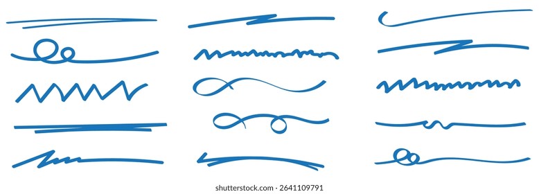 Swift crossed and wavy underlines. Underline markers collection.  Pen text underline, handwritten doodle elements, lettering emphasis. Vector illustration. eps 10