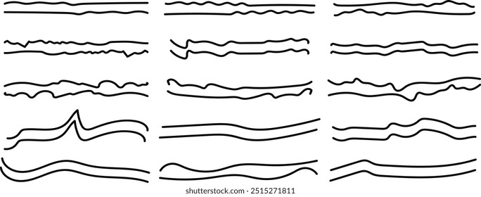 Subrayados cruzados y ondulados rápidos. Conjunto de Vector de subrayado dibujado a mano. Subrayar la colección de los marcadores. Ilustración vectorial de líneas de garabatos aisladas sobre fondo blanco.