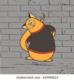 Swift and funny red cat on a background of a brick wall
