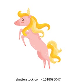 Swift Pink Unicorn With Golden Mane And Tail Jumping Up Vector Illustration