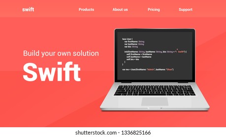 Swift programming code technology banner. Swift language software coding development website design.