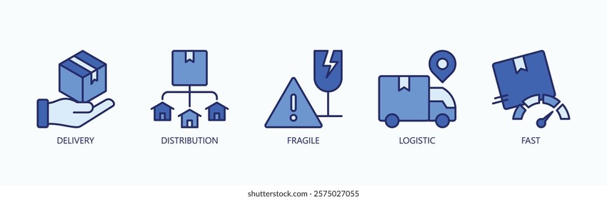 Swift And Secure Icon Set Isolated Vector With Icon Of Delivery, Distribution, Fragile, Logistic, Fast In Blue Style