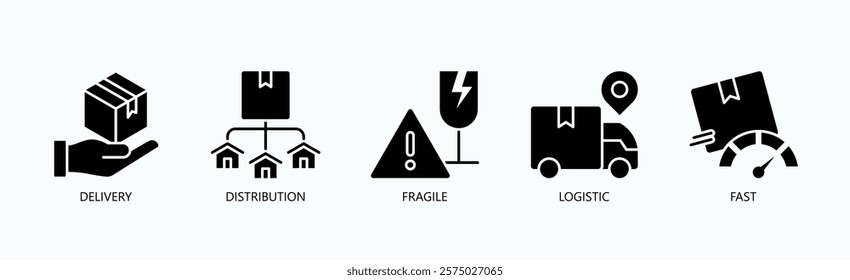 Swift And Secure Icon Set Isolated Vector With Icon Of Delivery, Distribution, Fragile, Logistic, Fast In Glyph Style