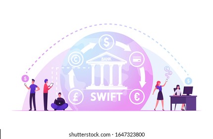 Swift, Society Worldwide Interbank Financial Telecommunication, International Payment, Banking Web Network Pay System Finance Digital Technology Banking Money Transfer. Cartoon Vector Illustration