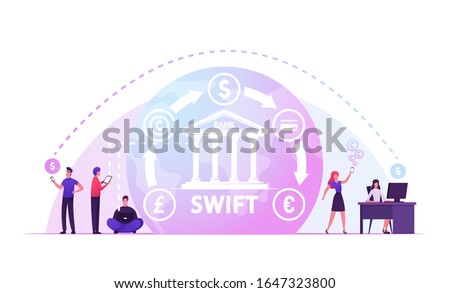 Swift, Society Worldwide Interbank Financial Telecommunication, International Payment, Banking Web Network Pay System Finance Digital Technology Banking Money Transfer. Cartoon Vector Illustration