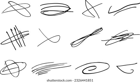 Swift twisted and crossed strikethroughs.
Set of highlight lines and signatures.
Brush stroke  markers or ink.Doodle vector graphic elements.