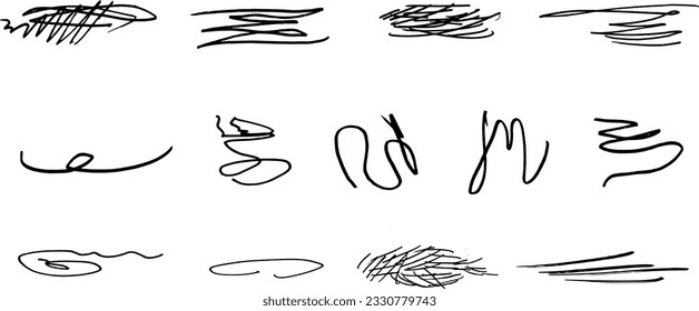 Swift giró y cruzó los tintes.
Conjunto de líneas de resaltado y firmas.
Marcadores de trazo de pincel o elementos gráficos vectoriales de tinta.Doodle.