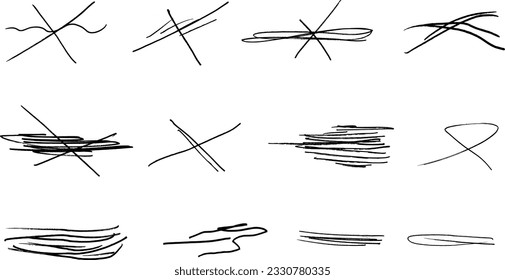 Swift twisted and crossed strikethroughs.
Set of highlight lines and signatures.
Brush stroke  markers or ink.Doodle vector graphic elements.