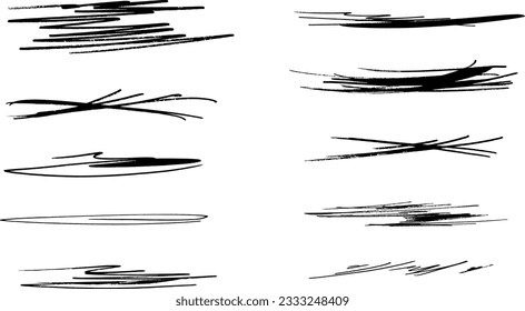 Swift twisted and crossed strikethroughs.
Set of highlight lines and signatures.
Brush stroke  markers or ink.Doodle vector graphic elements.