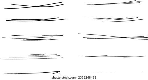 Swift twisted and crossed strikethroughs.
Set of highlight lines and signatures.
Brush stroke  markers or ink.Doodle vector graphic elements.