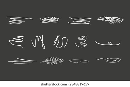Swift twisted and crossed strikethroughs.
Set of highlight lines and signatures.
Brush stroke  markers or ink.Doodle vector graphic elements.