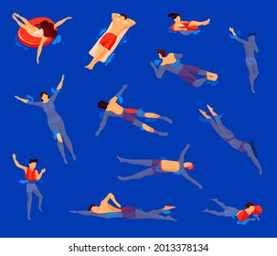Swim activity or water swimming, cartoon swimmers set. People or characters relaxing in a sea, river or pool, dive, floating on mattress or ring. Leisure activity, summer recreation. - Shutterstock ID 2013378134
