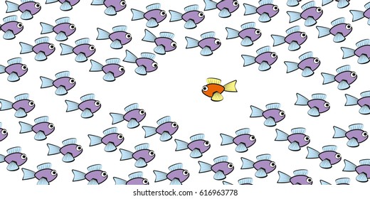 Swim against the tide - one fish is swimming in another direction - symbol for courage, individuality, loneliness or different lifestyle. Isolated vector comic illustration on white background.