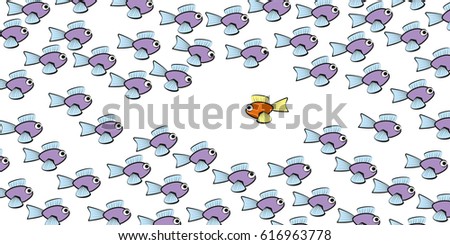 Swim against the tide - one fish is swimming in another direction - symbol for courage, individuality, loneliness or different lifestyle. Isolated vector comic illustration on white background.
