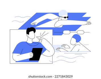 Swim camp abstract concept vector illustration. Swimming summer camp, open water training, swimmer course, young athlete, outdoor class, sport specialty program for kids abstract metaphor.