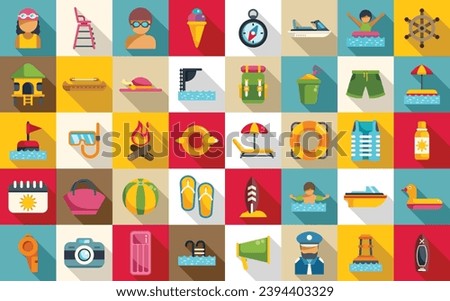 Swim camp icons set flat vector. Water beach pool. Float child park