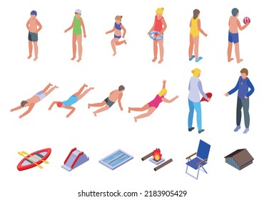 Swim camp icons set isometric vector. Water beach. Pool kids