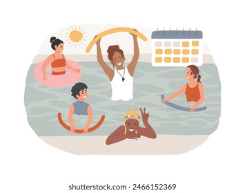 Swim camp isolated concept vector illustration. Swimming summer camp, open water training, swimmer course, young athlete, outdoor class, sport specialty program for kids vector concept.