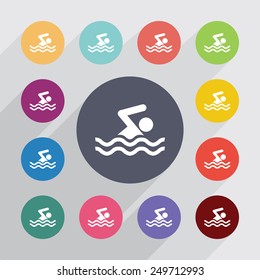swim circle, flat icons set. Round colorful buttons 