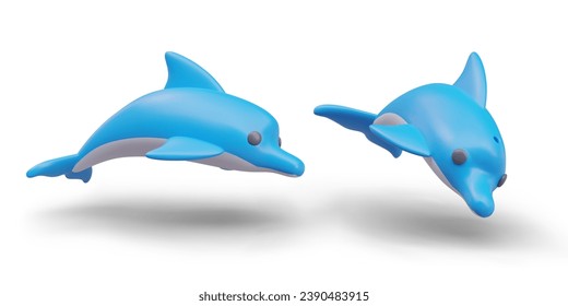 Delfines nadadores. Acuario o animales marinos subacuáticos de color azul. Concepto de personajes marinos coloridos del mundo submarino. Ilustración vectorial en estilo 3d