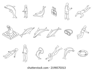 Swim with dolphins icons set. Isometric set of swim with dolphins vector icons outline thin lne isolated on white