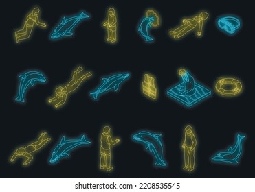 Swim with dolphins icons set. Isometric set of swim with dolphins vector icons neon color on black